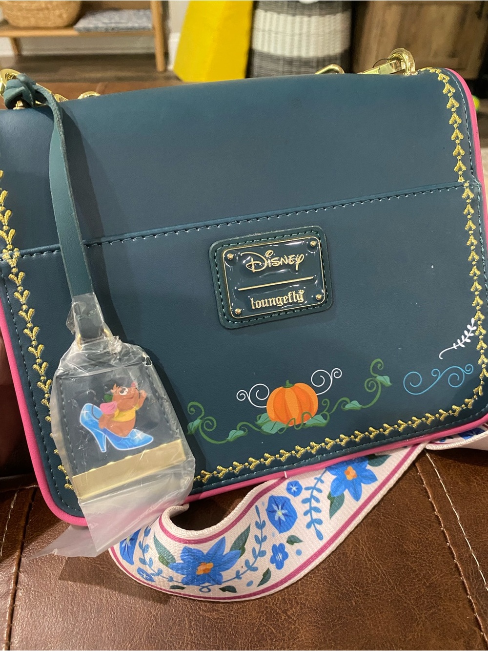 Loungefly Teal and Pink Cinderella Crossbody Bag with Floral Strap - Picture 5 of 7